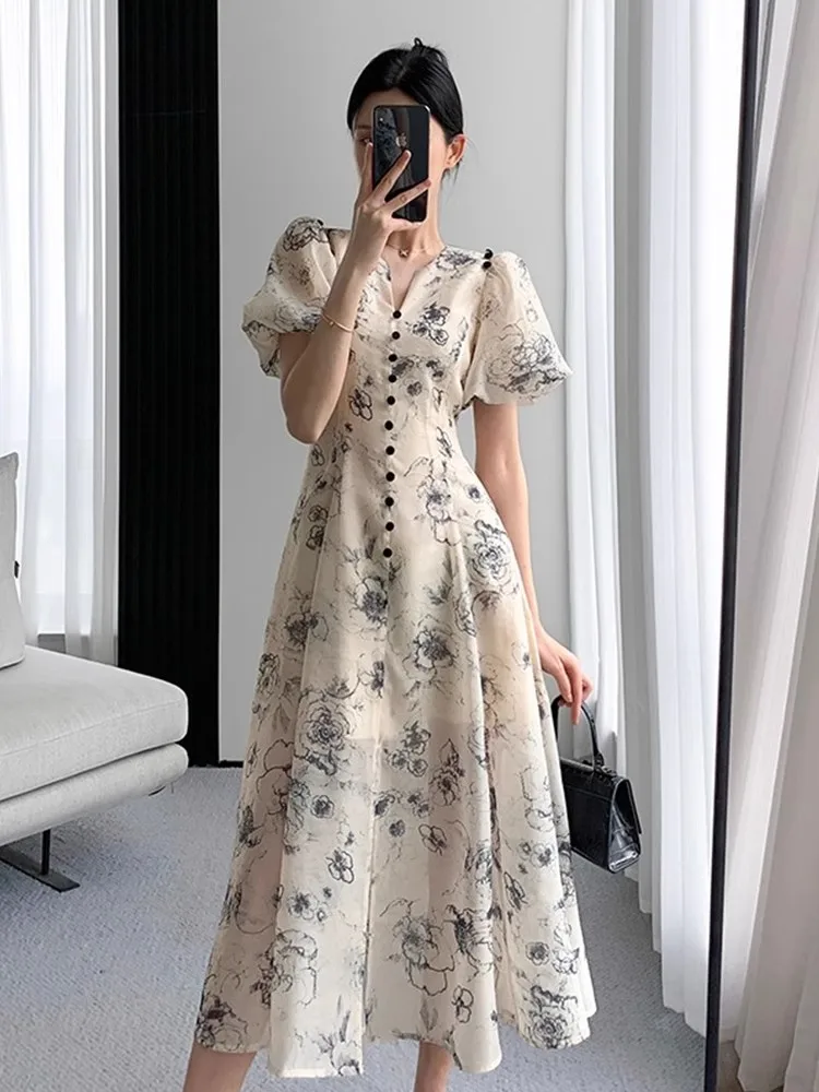 robe-longue-elegante-a-imprime-floral-col-en-v-manches-bouffantes-belle-robe-d'ete-pour-femmes-style-francais-decontractee-chic-tendance