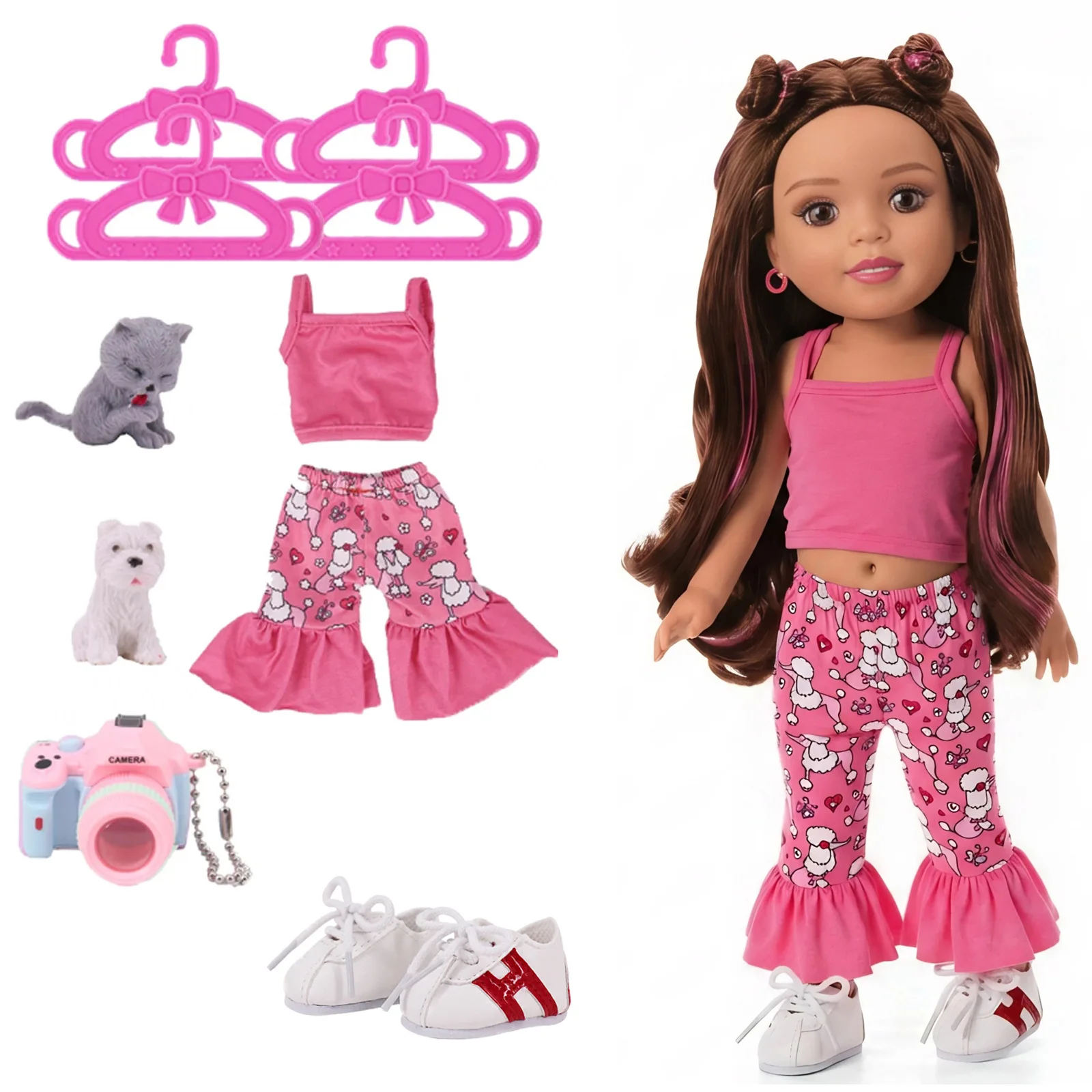 Lässiges Set für Mädchenpuppen, inklusive Kamera und Schuhen, perfektes Weihnachtsgeschenk für 36,8 cm große Babypuppen, modische Haustier-Kleiderbügel
