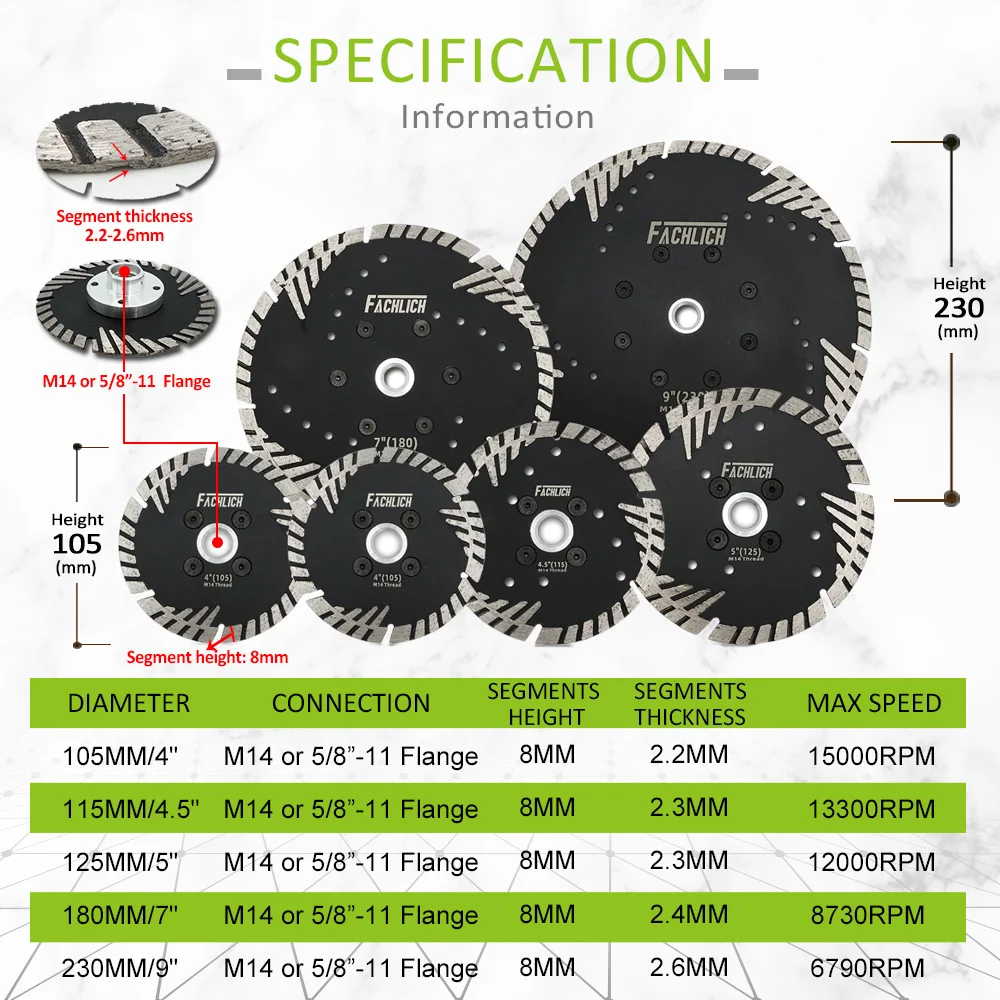FACHLICH 1pc 4"/4.5"/5"/7"/9" Diamond Saw Blade with Protection Teeth Cutting Disc Granite Marble Stone Dia105/115/125/180/230mm