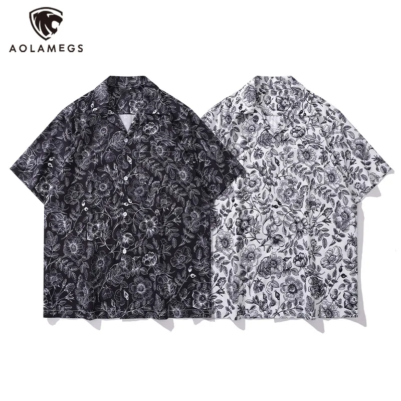 Men's Shirts Black White Line Drawing Floral Print Blouse Hong Kong Style Tops M-2XL Hawaiian Short-Sleeved Lapel Clothes