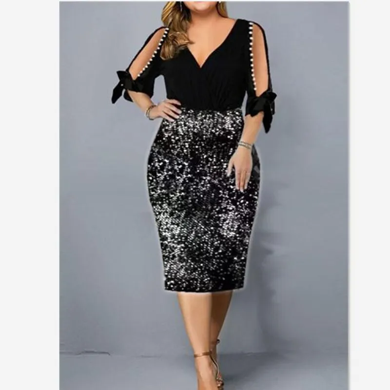 Big Size Clothing 2024 New Summer Loose Woman Slim Dress Sexy V Neck Personalized Sequin Design Plus Size Dress Party Vestidos