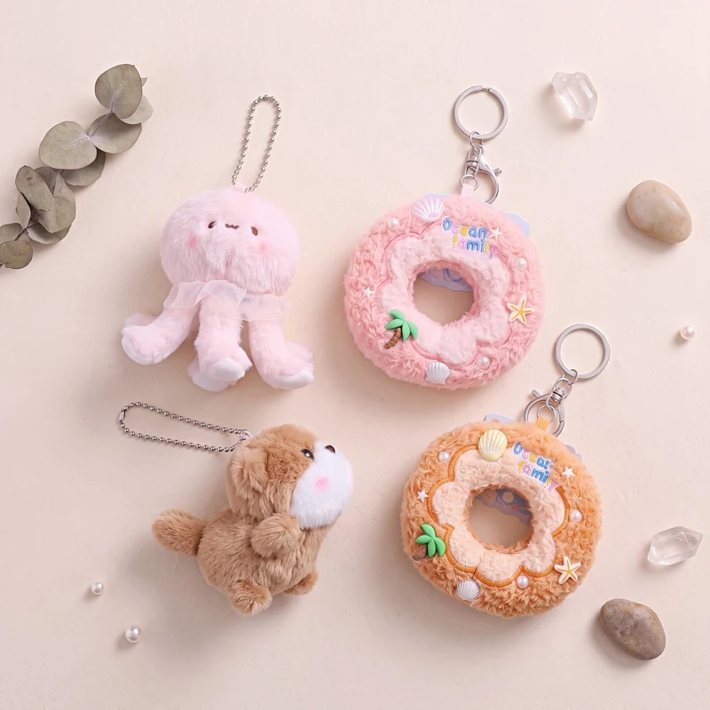 Fluffy Ocean Animal Plush Keychain Flower Frame Design Penguin Seal Otter Pendant Shell Decoration Cute Bag Hanging Daily Use