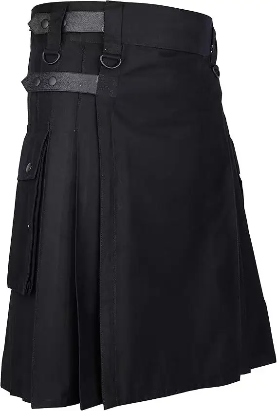 High Quality Fashion Men Cool Pocket Kilts Solid Color Gothic Kilt Vintage Warrior Cargo Kilt Metal Belt Pleated Skirt