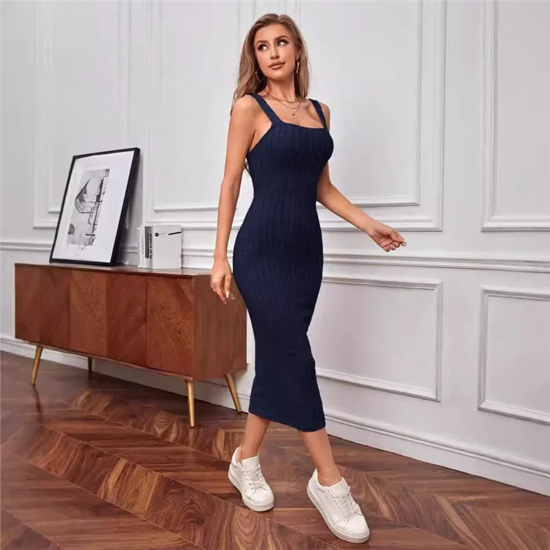 فستان بحمالات نحيف عصري لعام 2025 + سترة مكونة من قطعتين للنساء للخريف غير رسمية بلون سادة على شكل الورك فستان منزلي للنساء #2