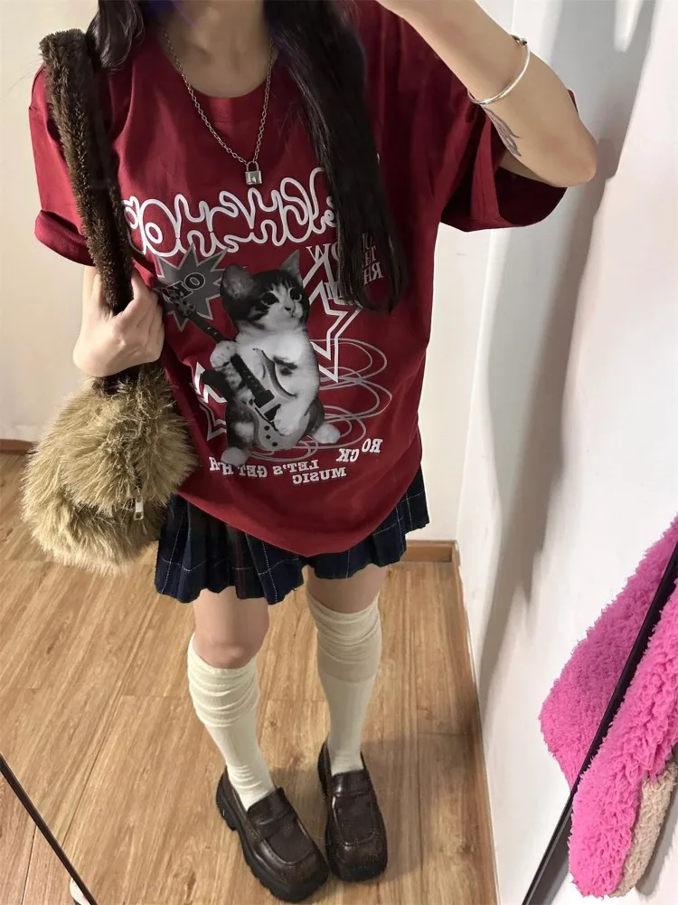 HOUZHOU-camisetas rojas con estampado de gato Kawaii para mujer, Tops de gran tamaño de estilo Punk Harajuku, camisetas de manga corta con gráfico