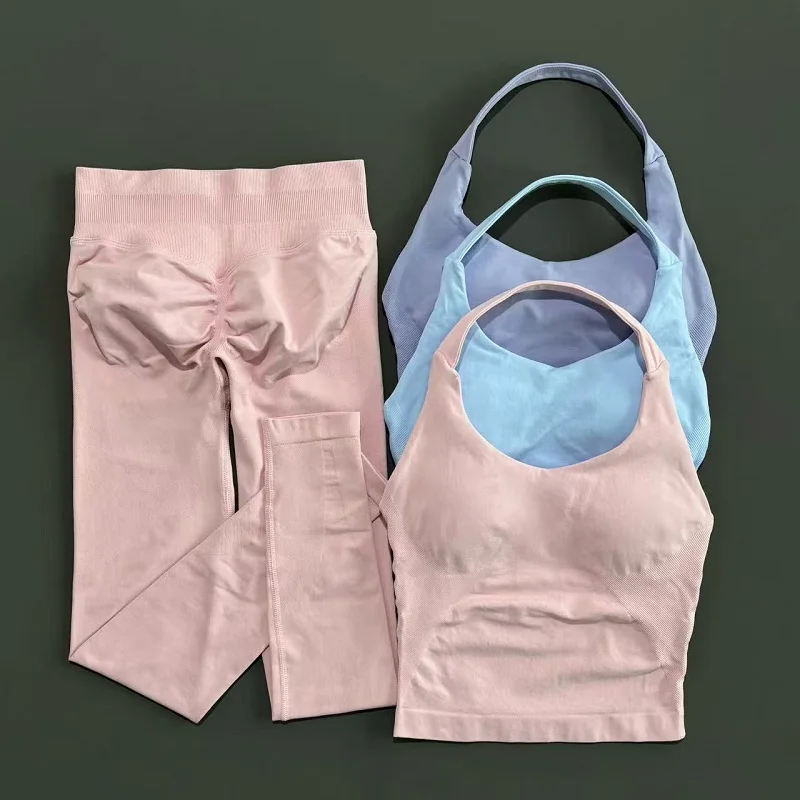 2 Piece Women Gym Set Seamless Halter Sports Top High Waist Leggings Tummy Control Squat Proof Yoga Fitness Activewear