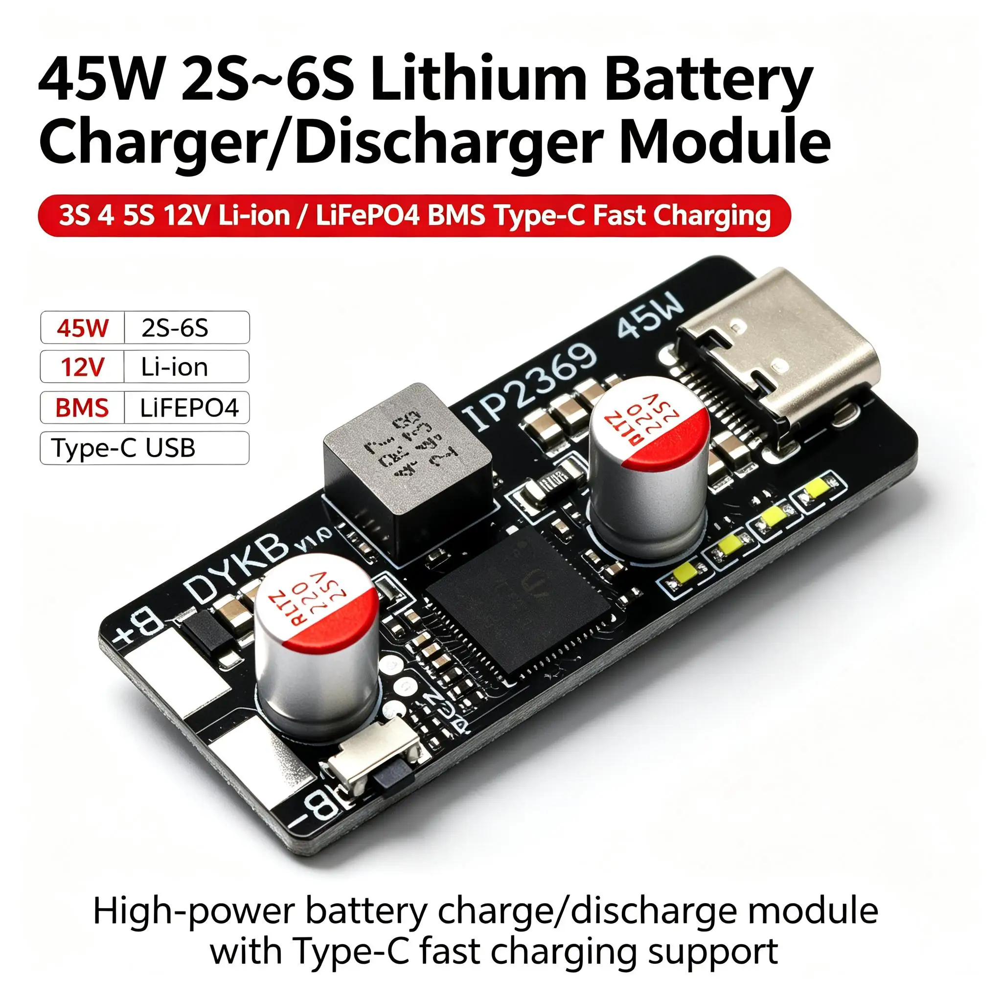 DYKB Charger/Discharger 45W 2S~6S Lithium Battery Module 3S 4S 5S 12V Li-ion/LiFePO4 BMS Battery Charger TYPEC USB Fast Charging