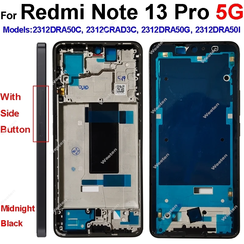 Middle Frame Bezel Holder For Xiaomi Redmi Note 13 Pro Plus 5G LCD Middle Frame Housing Cover With Volume Side Button Parts