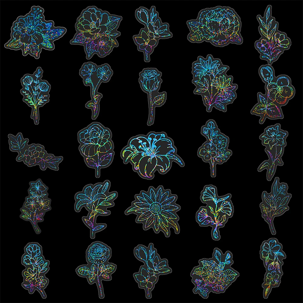 10/30/50pcs Holographic Laser Flowers Cartoon Stickers Aesthetic Decals for Kids Toys DIY Stationery Phone Notebook Cute Sticker