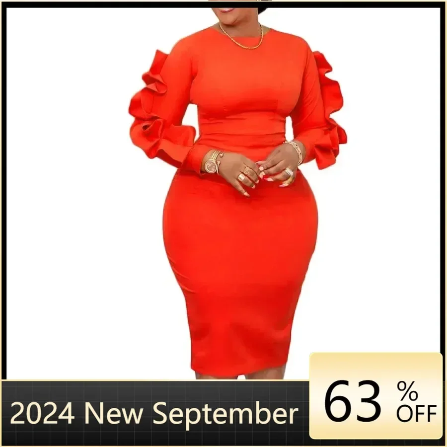 Elegant Dress Women for Wedding Party 2024 Autumn African Long Sleeve Polyester Midi Bodycon Dress Outfits Africa Clothes S-3XL