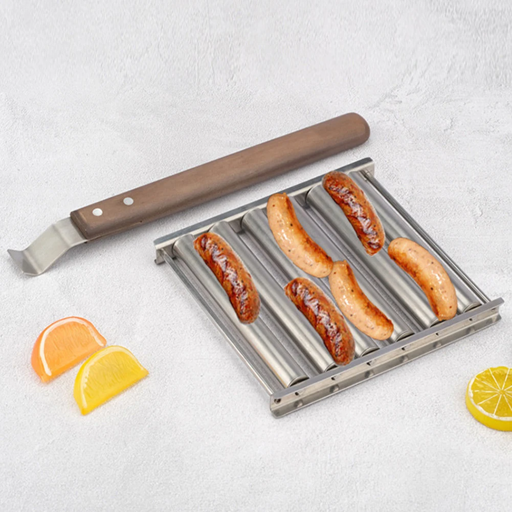Hot Dog Roller Hot Dog Grill Roller Stainless Steel BBQ Hotdog Roller with Wooden Handle 5 Hot Dog Capacity Grill Accessories - Image 3