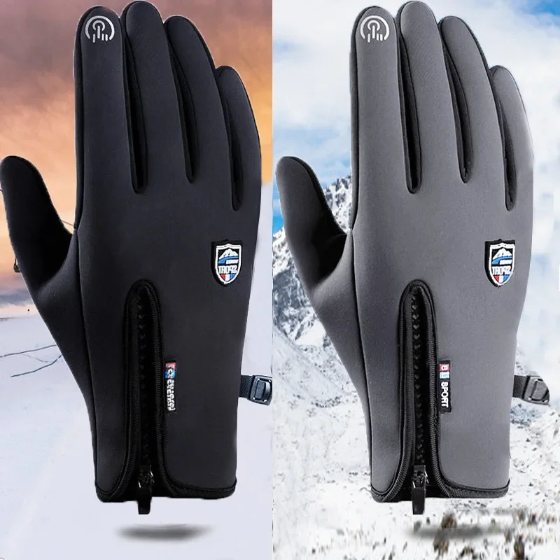 MTB Motocross Gloves Men Women Winter Fleece Warm Touchscreen Waterproof Zipper Anti Slip Sport Mittens