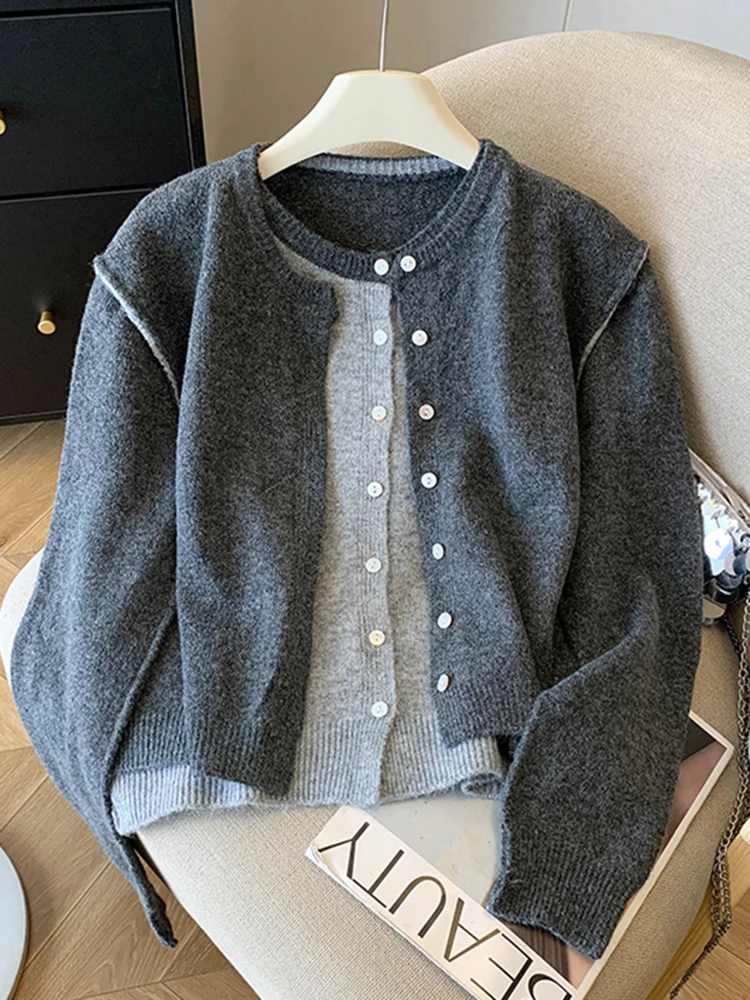 Zacht gebreid open vest Damesmode Casual Sle Splicing Matching Herfst Winter Trui Jaet Lichtgewicht Fake Two-P...