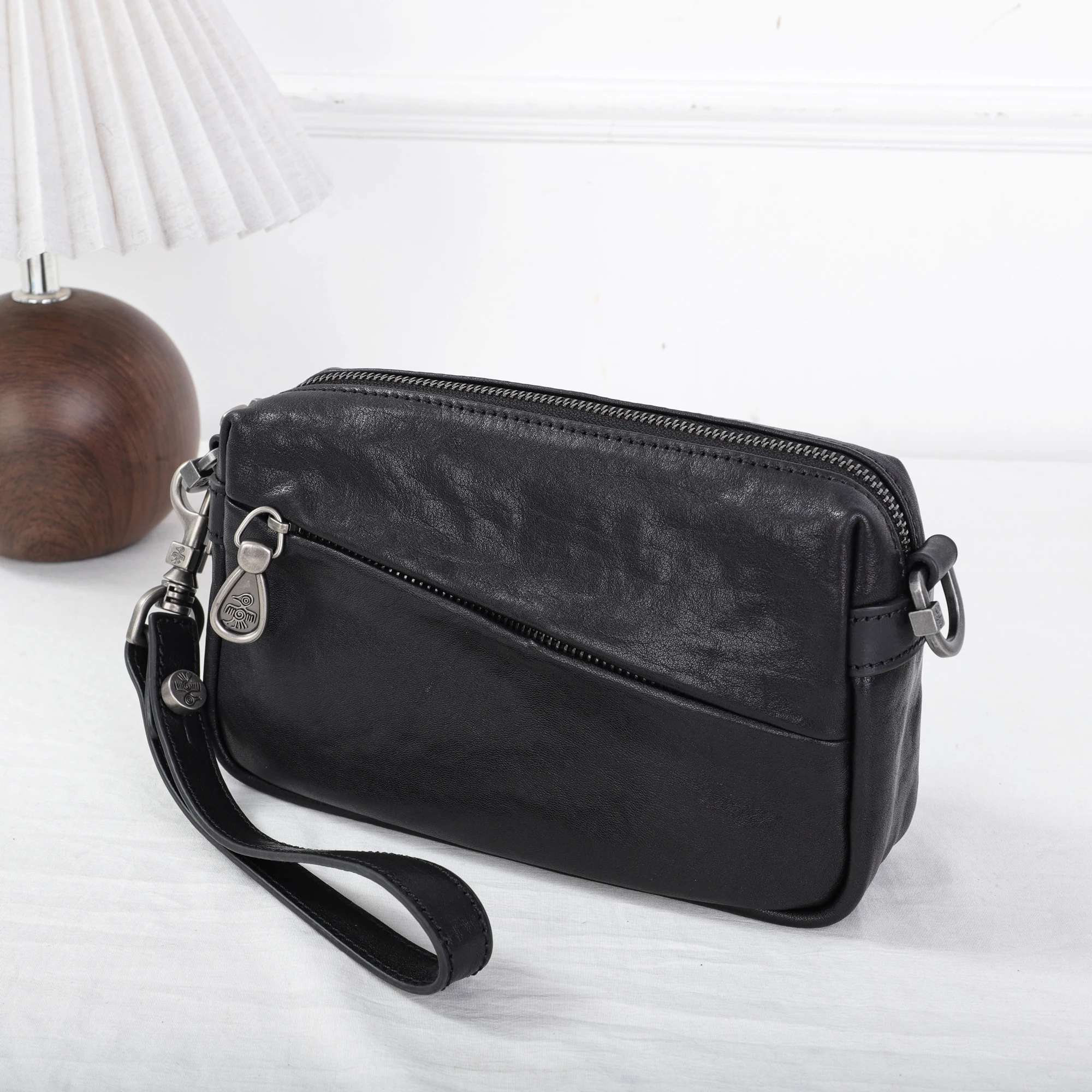 Orabird Unisex Black Clutch Bag 100% Cow Leather Handbag with Cross-body Shoulder Strap
