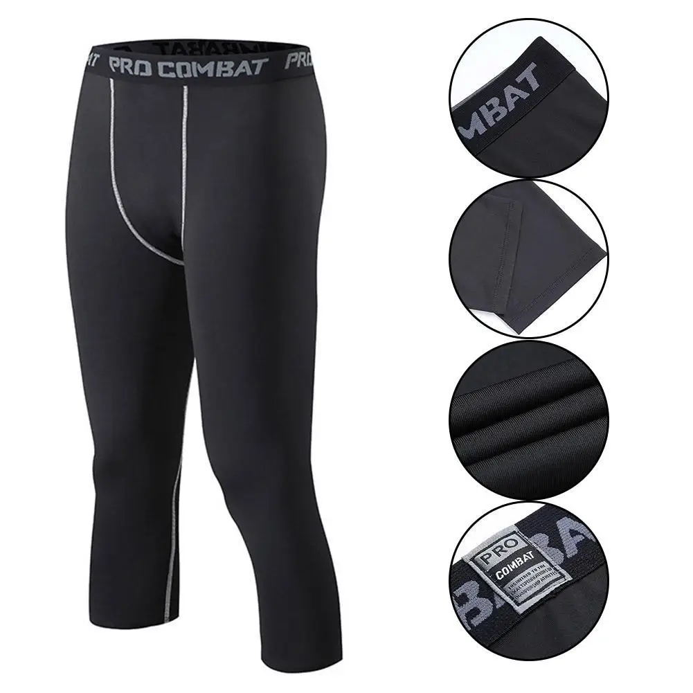 3/4 Cropped Pants Men\'s Sports Compression Tight Leggings Running Sports Joggings Elastic Compressions Sweatpant Fitness Pants