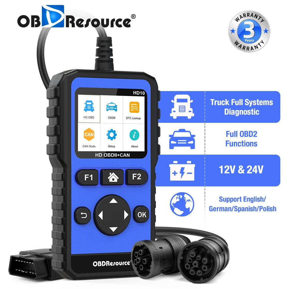 OBDResource Full Systems Heavy Duty Truck Scan Tool HDOBD/EOBD/OBD Diagnostic Scanner Automotive Diagnostic Tool 12V 24V Diesel