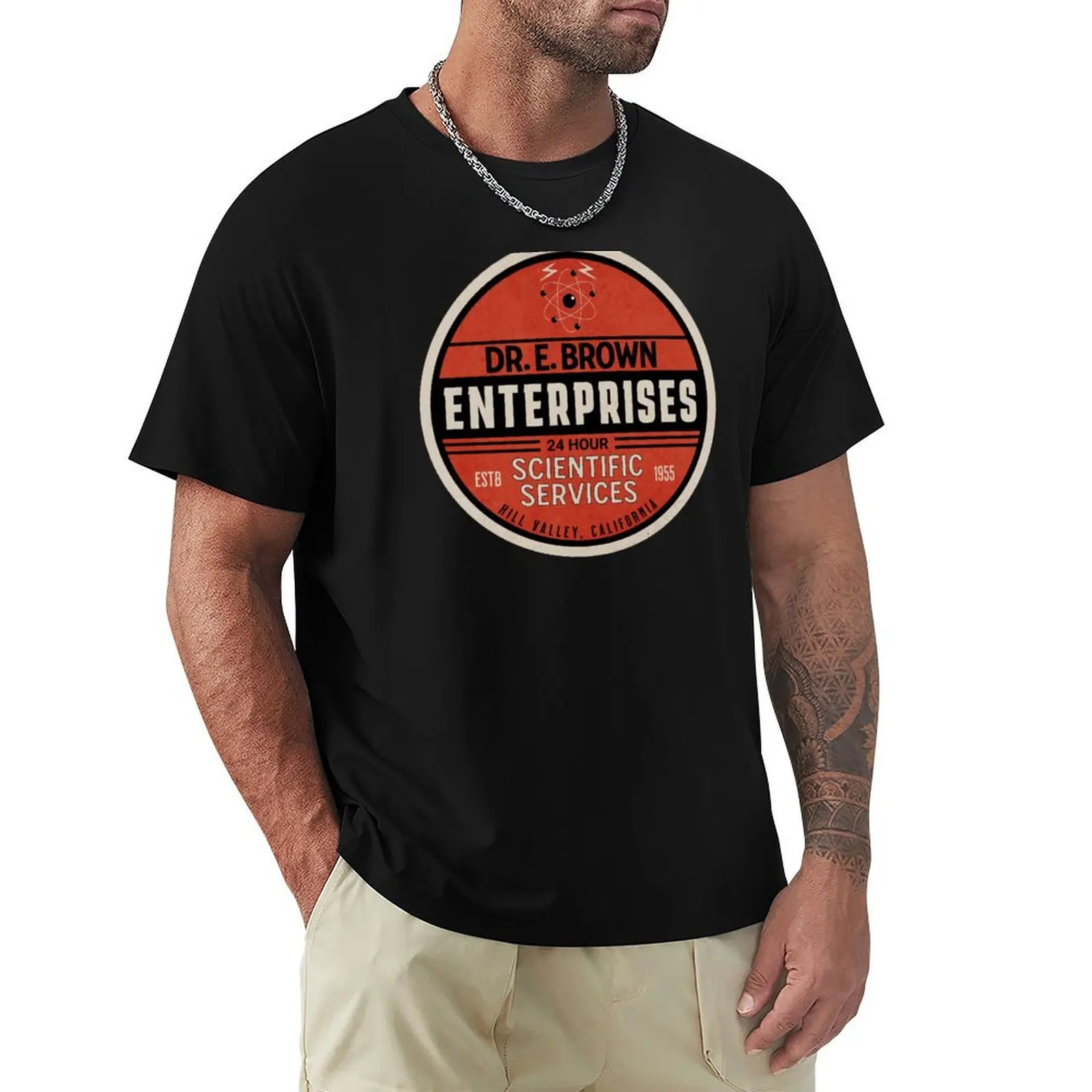 Camiseta Dr. E Brown Enterprises com estampa divertida retrô dos anos 80, filme de ciência-ficção sobre viagem no tempo, camiseta de manga curta com estampa moderna