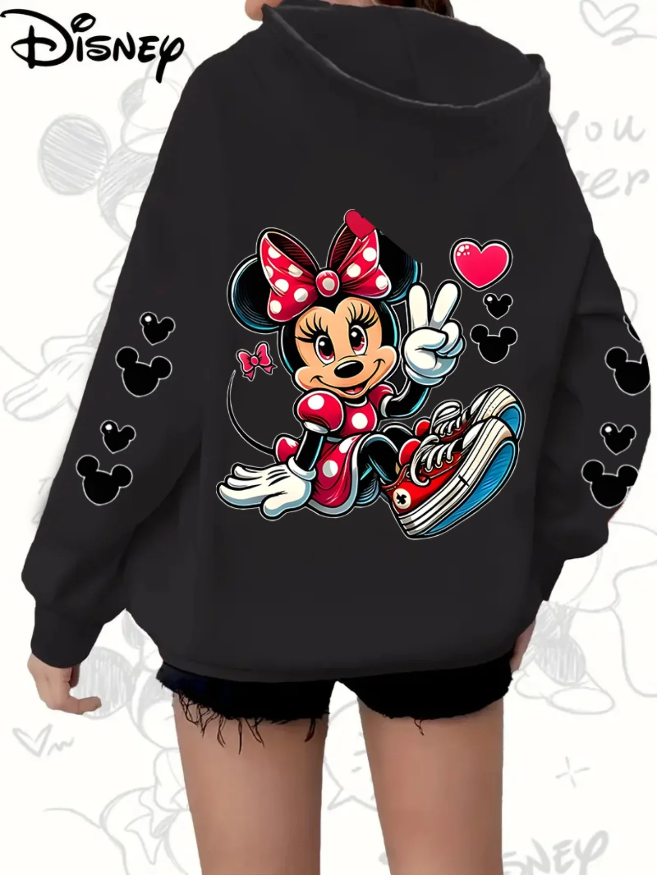 سترة ديزني ميني ماوس كاجوال بغطاء للرأس بسحاب مع جيوب، سترة رياضية عصرية، نمط خريفي مريح