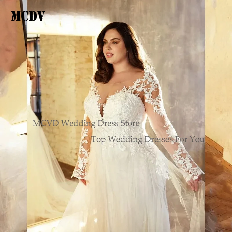 

MCDV Plus Size Wedding Dresses Scoop Neck Applique Backless Elegant A-Line Tulle Custom Made Bride Gown