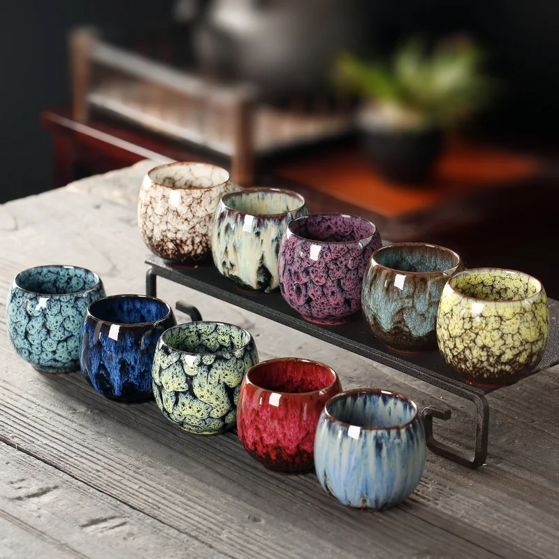 1 Stück Japanischer Keramik-Teebecher im Tenmoku-Glasur-Stil, Eiförmige Teeschale für Gongfu-Tee, Kaffeetasse, Wein-Trinkgefäß
