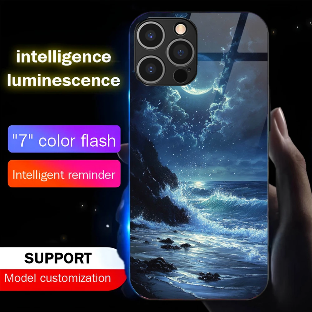 

Moonlight Beach Luminous Phone Case LED Light Glass Shockproof Cover For Samsung S25 S24 S23 S22 S21 S20 FE Plus Ultra