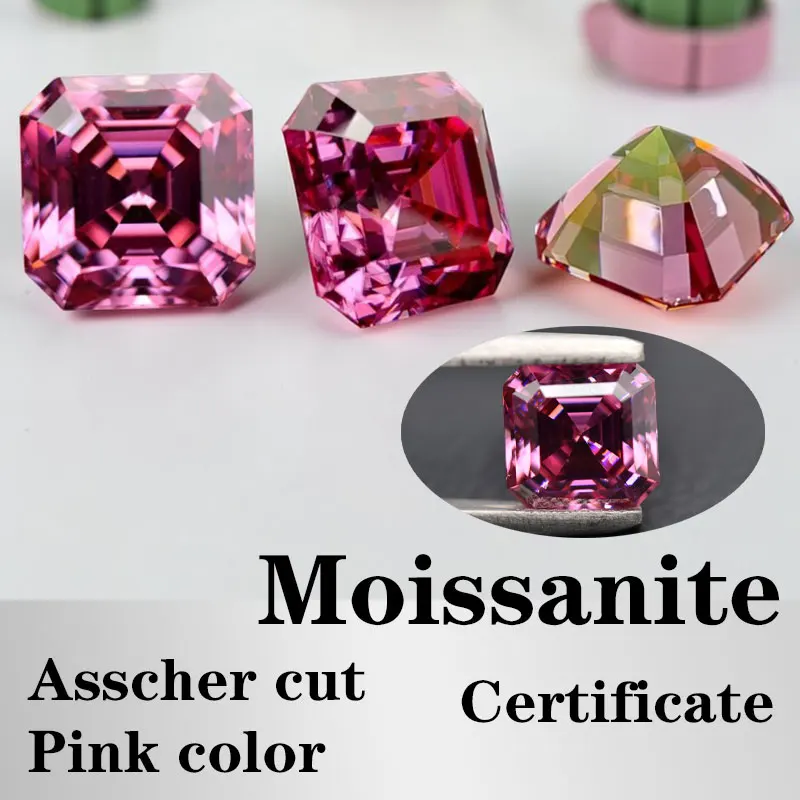 

Moissanite Asscher Cut Pink Color Certificate Artificial Gemstone VVS1 Hand Cutting