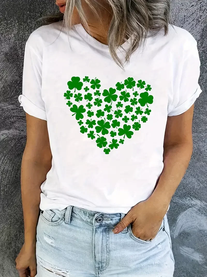 Women's Clover Fun St. Patrick's Day Shirt Casual Simple and Fresh Short sleeved Lover Heart Top Lucky T-shirt