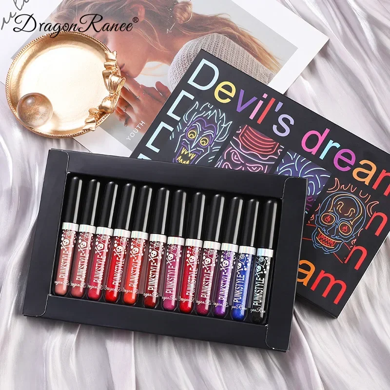 Brillo de labios de Halloween, tinte de labios de larga duración, maquillaje lindo, lápiz labial brillante, 12 piezas por juego, envío gratis