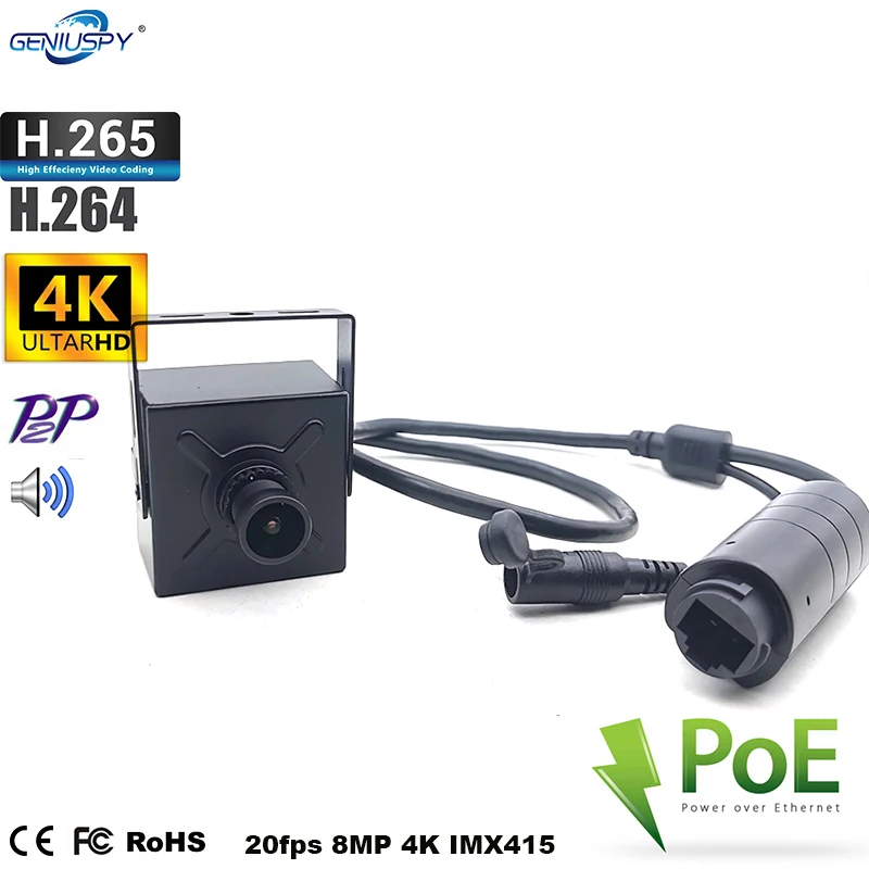 Low Lux 4K 8MP Son IMX415 20FPS POE Industry ATM Mini Square IP Camera With 8MP HD Lens Audio P2P CamhiPro