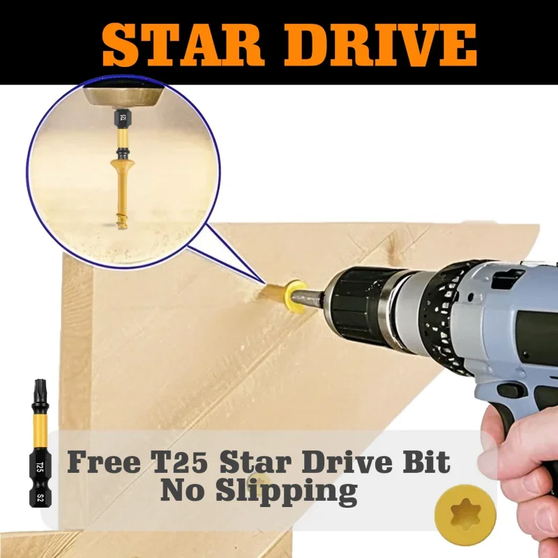 VKKM #8 Yellow Torx Wood Screws, 500Pcs – Coarse Thread, Zinc Plated, Rust-Resistant for Furniture, Cabinets & DIY Projects