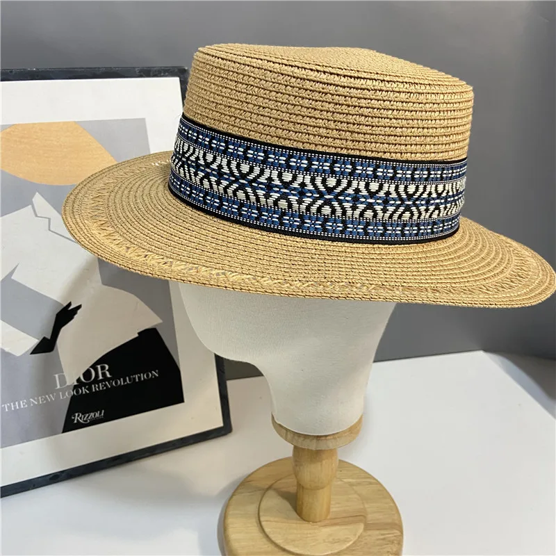 

Designer Brand Seaside Beach Sunshade Straw Hat Women's Summer Travel Sunscreen Everything Flat Top Wide Brim Top Caps for Men