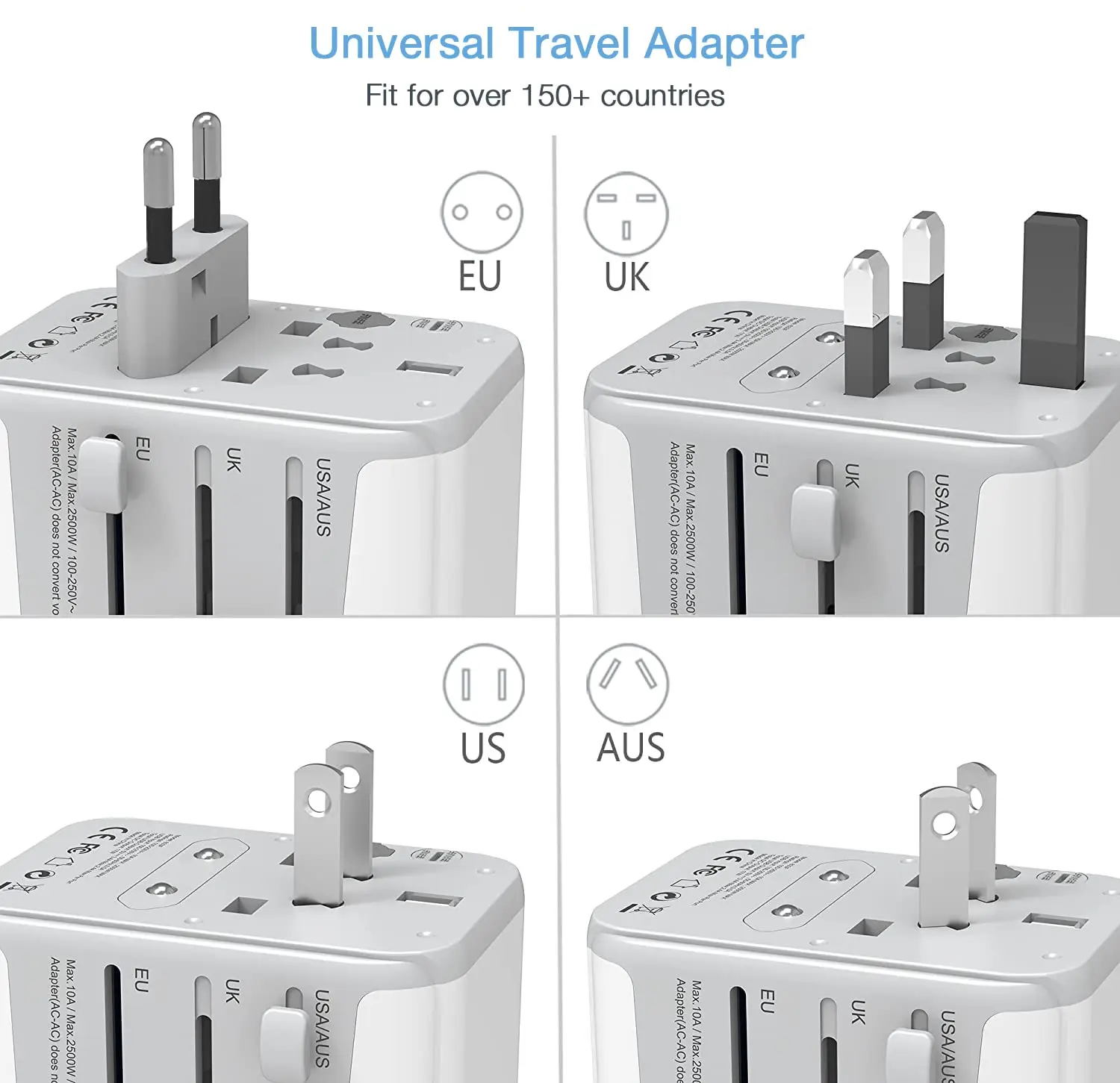테산 국제 여행 어댑터 USB A 포트 및 타입 C 올인원 미국 EU 영국 호주 플러그 여행용