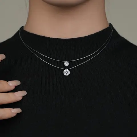 여성을위한 인증 0.5-2CT Moissanite 펜던트 목걸이 925 스털링 실버 투명 낚시 라인 초커 체인 파티 쥬얼리