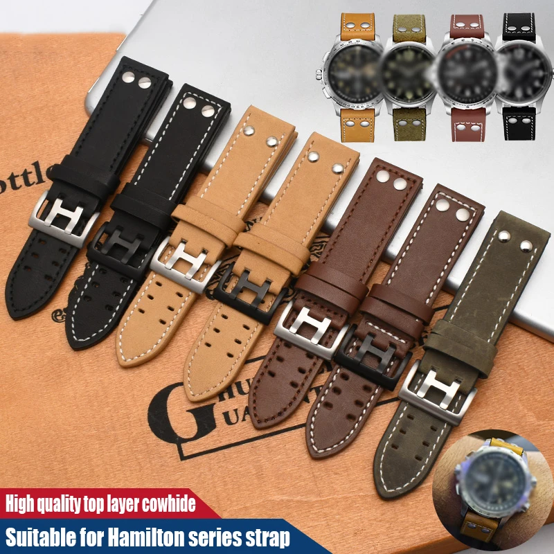 Genuine Leather Watchband For Hamilton Khaki Aviation Field Series Men's Watch Band Bracelte Rivets Watch Strap Brown 20mm 22mm