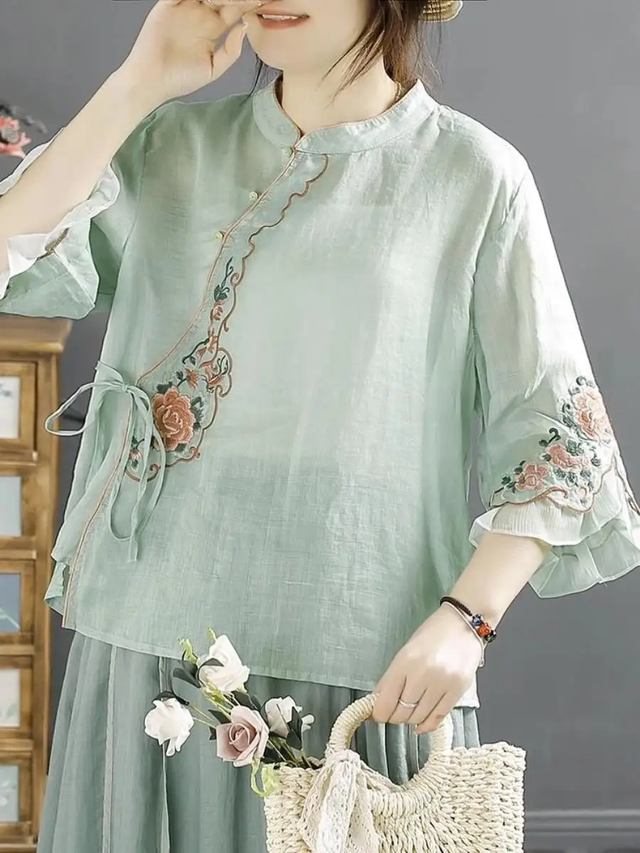 vestido-bordado-de-algodao-e-linho-estilo-nacional-com-botoes-cinto-de-sete-pecas-lenco-de-bolso-para-servico-de-cha-de-ver