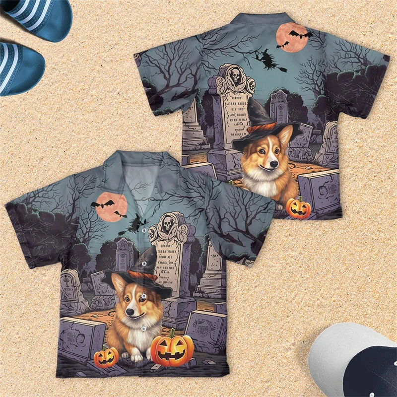 Blusa de lapela de manga curta masculina, tamanho pequeno, Dachshund, Poodle Dog Halloween, roupas engraçadas para animais, tops de botão Corgi, roupas de menino