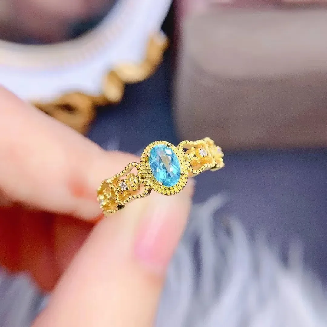 Exquisite Jewelry Natural Apatite Rings 925 Sterling Silver Vintage Style Rings Palace Style Hollow Out Design