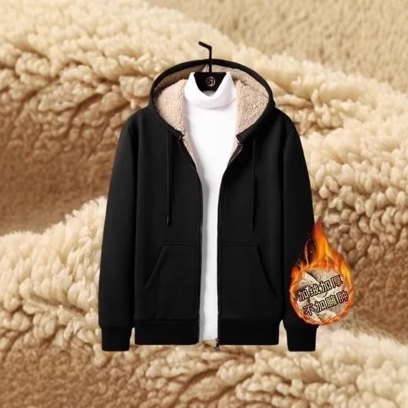 

Zip-Up Fleece Lined Hooded Sweatshirt Men's Casual Thickened Winter Sport Coat Simple Style Polyester Fiber round Hem