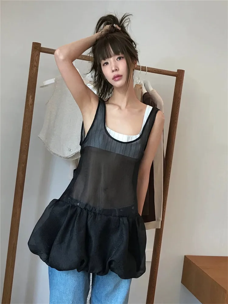 เซ็กซี่ฤดูร้อนใหม่โปร่งใส SHEER ตาข่าย Suspender ชุดมินิเก๋โบว์ Backless สีดํา Beige สายรัดแขนกุด SLIP Bud ชุด