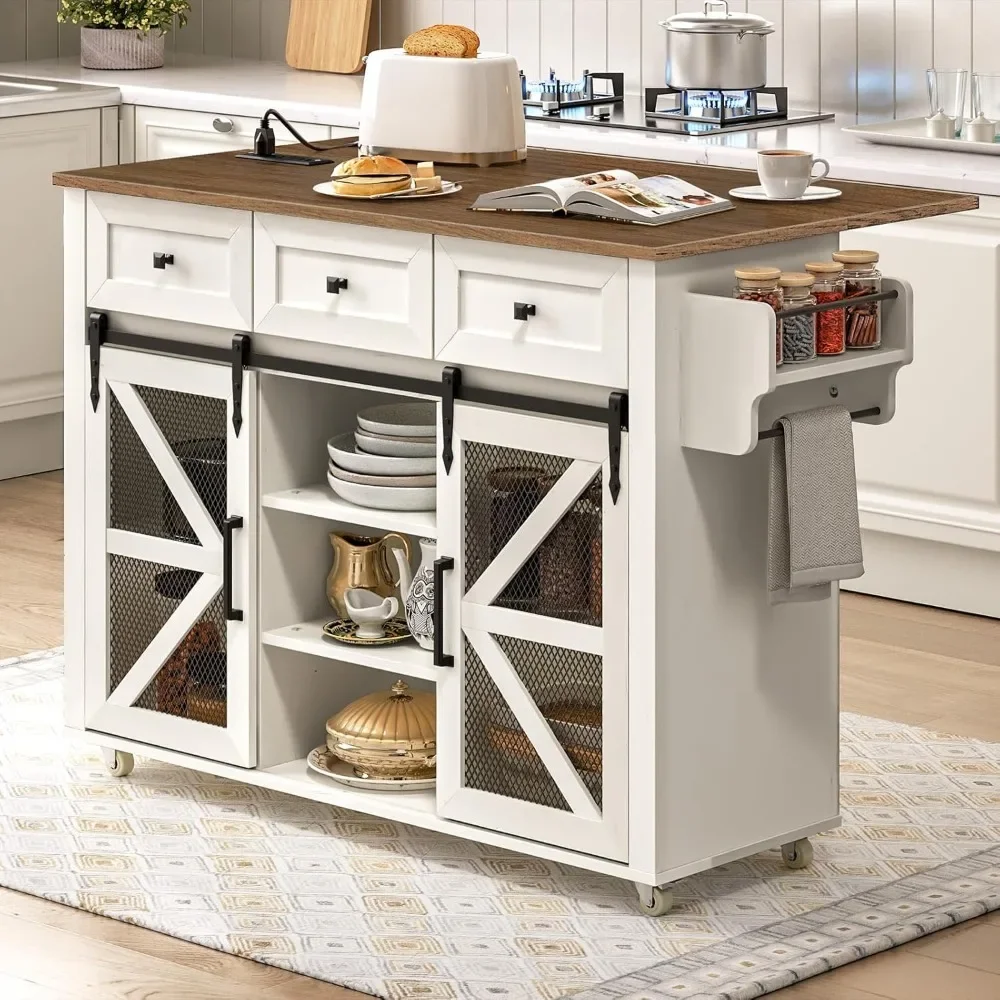 

Kitchen Island with Storage, Kitchen Cart with Charging Station, Rolling Kitchen Island Table with Drop-Leaf, 3 Drawers