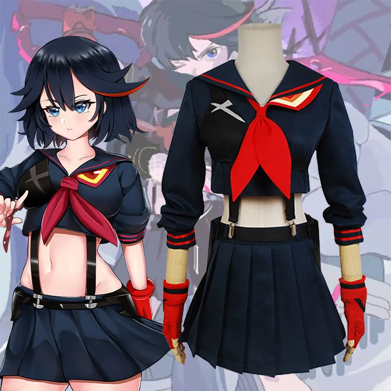 KILL La KILL Matoi Ryuuko 코스프레 의상, 일본 애니메이션 파티 할로윈 의상, 여성 상의, 치마 정장, 가발