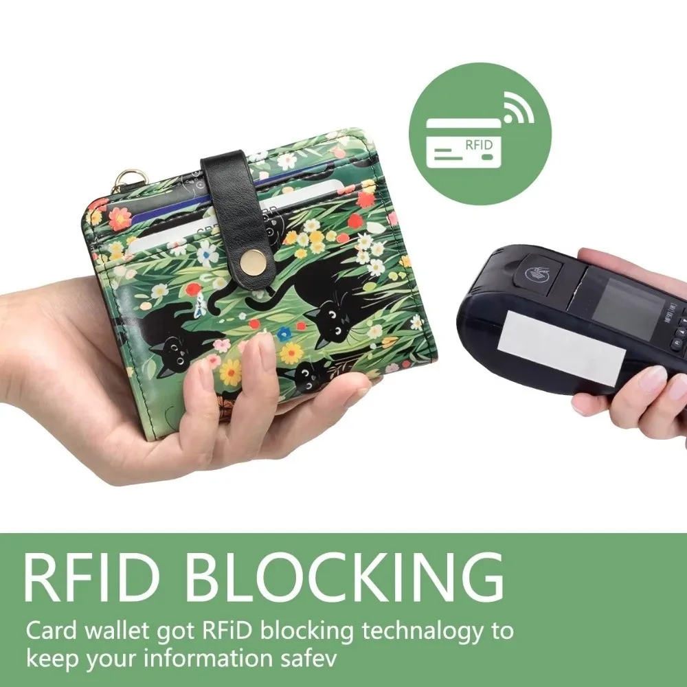 Cute RFID Card Holder PU Leather Black Cat Floral Women Wallet Ultra-Thin Multi-card Slot Coin Bag Daily Use