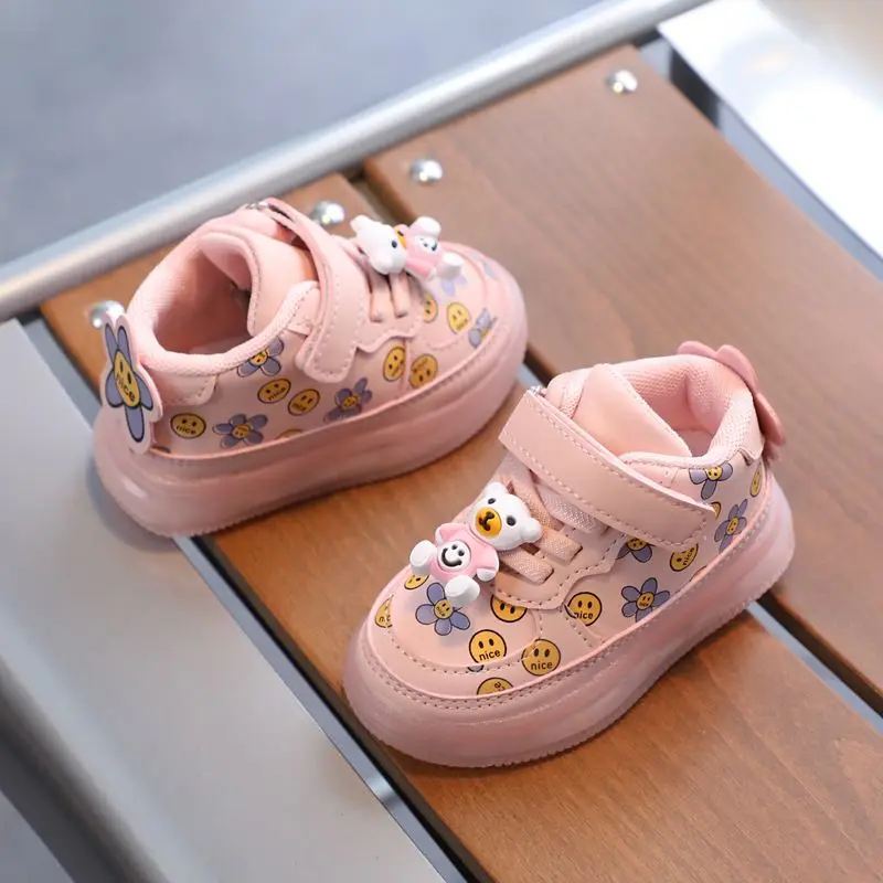 New Baby Kids Toddler Shoes Leather Board Shoe Smile Strawberry Printed LED Luminous Sneakers Casual Shoes for Girls Age for1-6