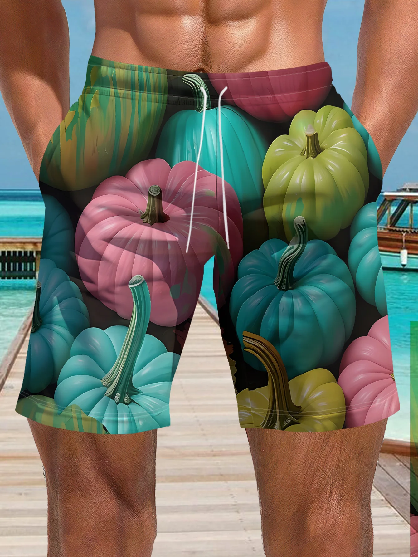 

Mens Orange Tropical Leaf Print Quick Dry Drawstring Waist Beach Shorts Swim Trunks 2026