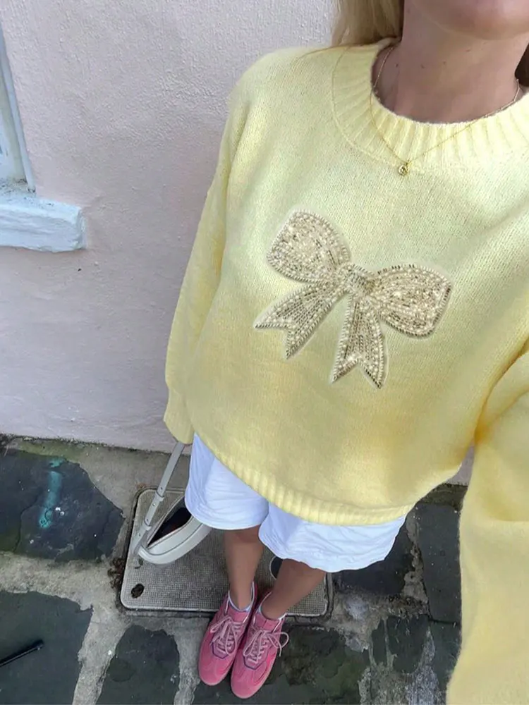 

New Embroidered Lace Bow Sequins Pullover Sweater Loose Slim Women's Top Fashion Long Sleeve Soft Yellow Blouse Casual Commuting