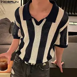 Fashion Well Fitting Tops INCERUN Men's Hollow Out Striped Design Shirts Casual Streetwear Lapel Short Sleeved Shirts S-5XL 2024