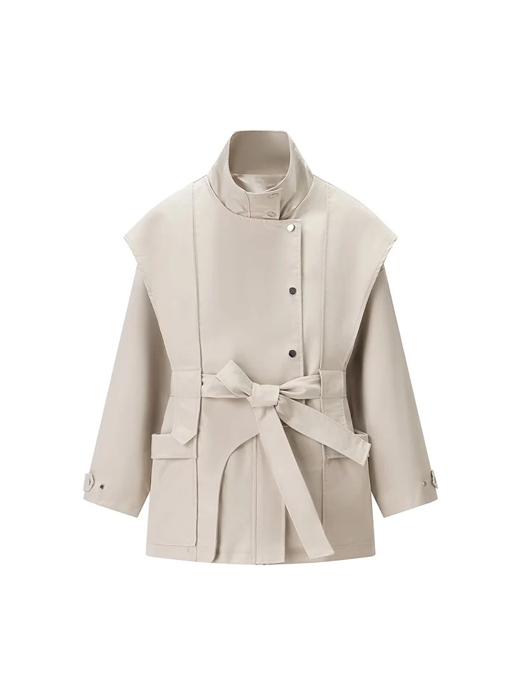 

European style new women's fashionable and versatile elegant solid color fitted waist belted trench coat.