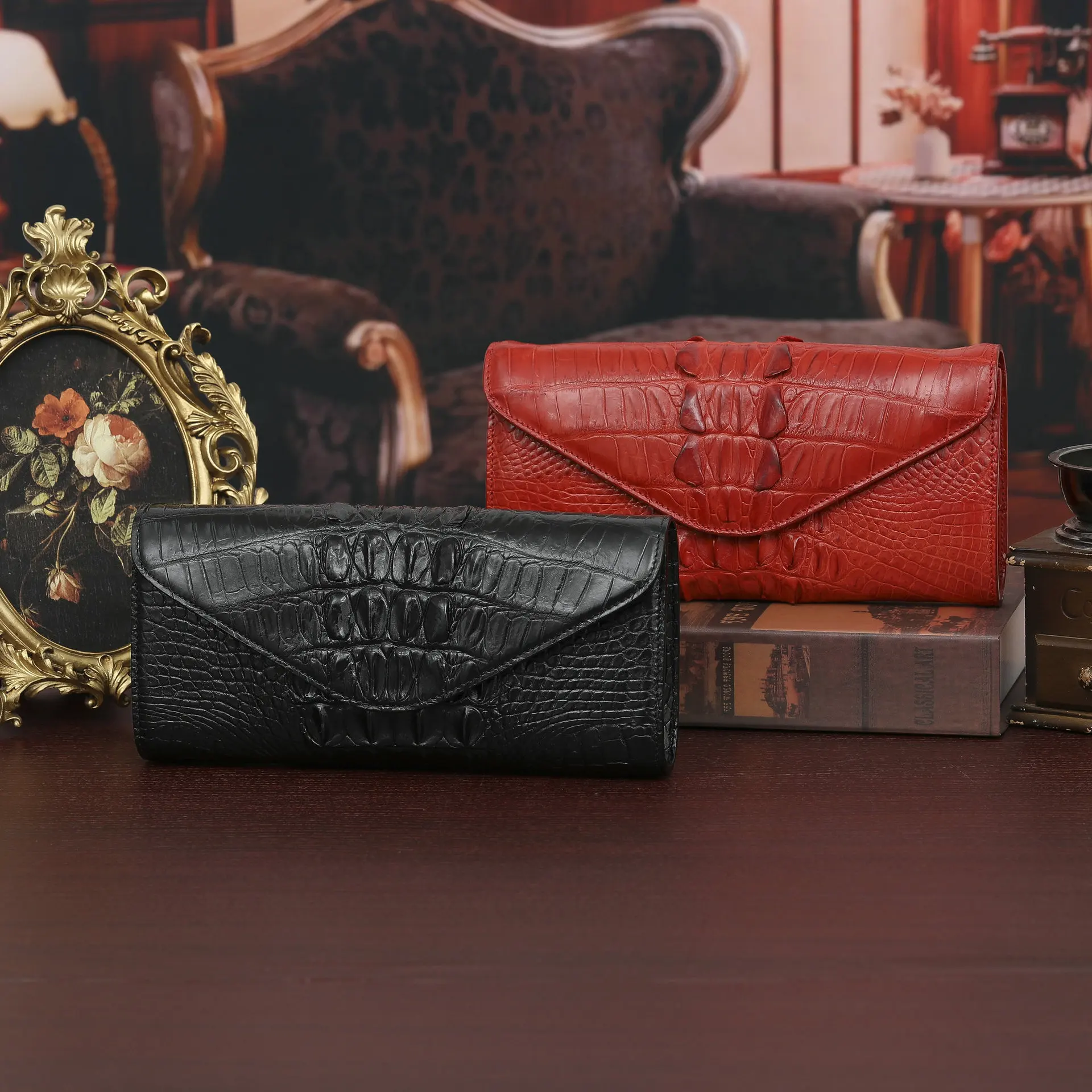 100% REAL genuine crocodile leather skin men wallet with cow skin lining bank card cash license holder Dark Wine Red color