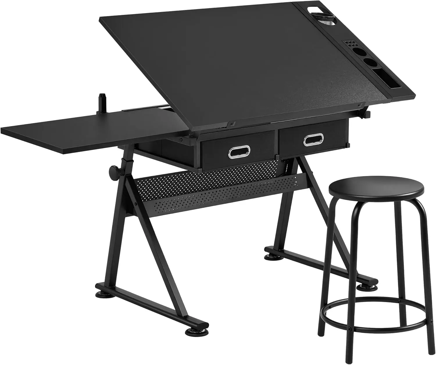 Drafting Table Drawing Desk For Artists, Height Adjustable Craft Workstation, Tiltable Tabletop Art Hobby Station With Extendable Side Board And Drawers, Modern Style, Black