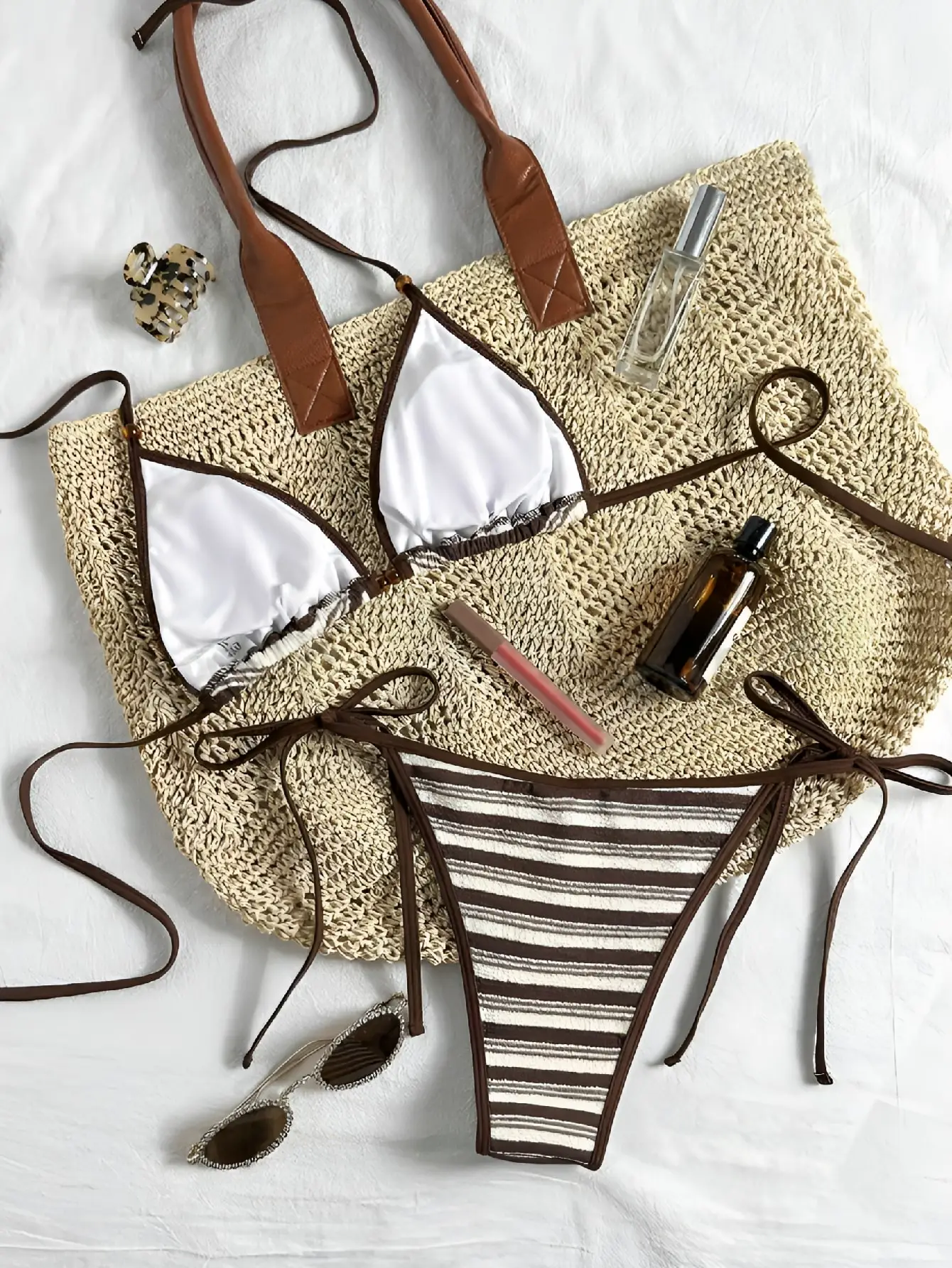 Women's Brown White Stripe Beaded Halter Bikini Set 2 Piece Tie Side Triangle Swimsuit Beach Swimwear